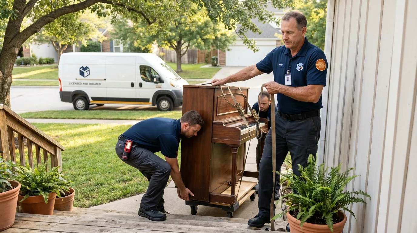Licensed piano movers securing grand piano in Custer, SD