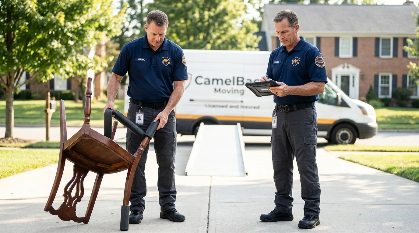 Movers inspecting furniture for damage prevention before loading in Custer, SD